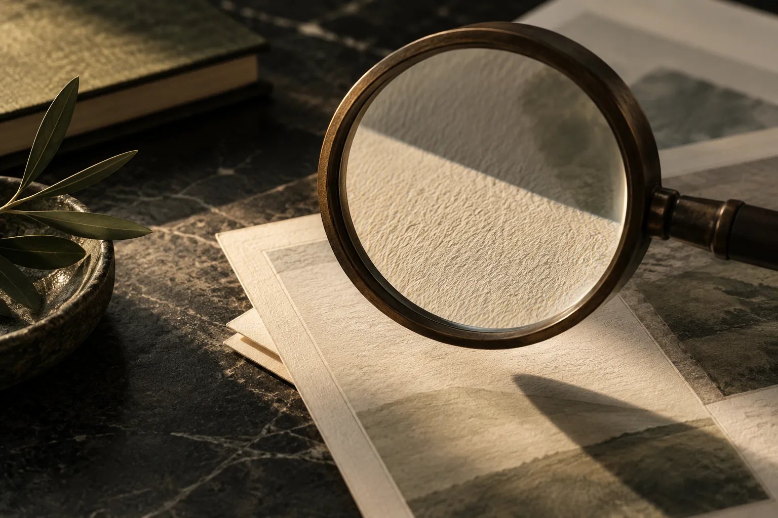 Förstoringsglas i mässing som vilar över papper och tryck på en mörk marmorskiva