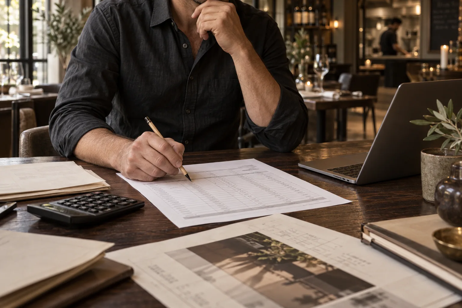 Anonym person i mörk skjorta som går igenom kalkyler med penna, kalkylator och laptop vid ett bord i en restaurang